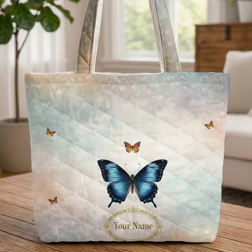 Vintage Entomology Butterfly Botanical Golden Oval - Everyday Carry Gift Quilted Tote Bag