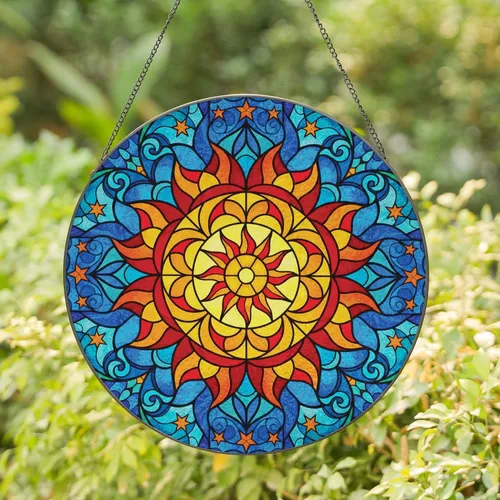 Radiant Sun Mandala Flame Petals Celestial Stars Swirling Patterns - Home Decor Gift Stained Glass Suncatcher