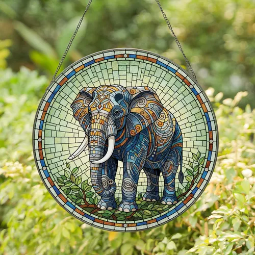 Tiffany Glass Elephant Mosaic - Wildlife Lover Gift for Home Decor Stained Glass Suncatcher