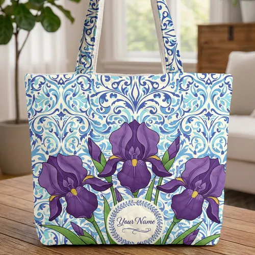 Purple Iris Flowers Swirling Leaves Floral Wreath Everyday Carry Travel Gift Quilted Tote Bag