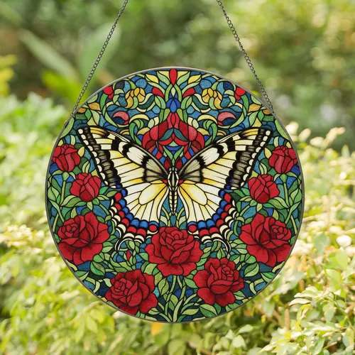 Majestic Swallowtail Butterfly Red Roses Floral Garden Mosaic - Nature Lover Home Decor Stained Glass Suncatcher