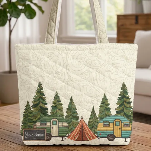 Vintage Campers Tent Pine Trees Personalized Sign - Travel Essentials Camping Lover Gift Quilted Tote Bag