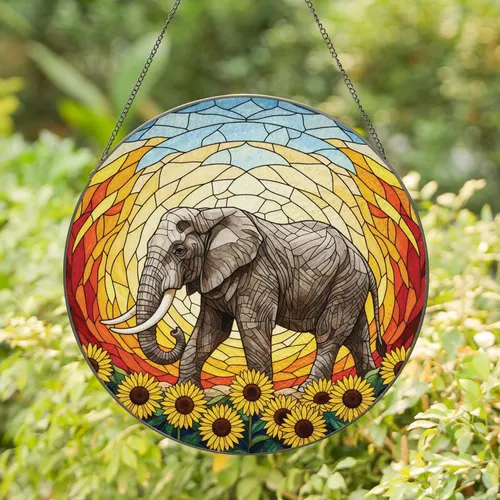 White Tusk Elephant Sunflower Sunset Sky - Home Decor Gift for Wildlife Lovers Stained Glass Suncatcher