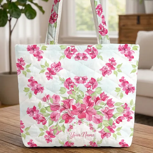 Ornate Bougainvillea Flower Botanical Bouquet Name Wreath - Everyday Carry Gift Quilted Tote Bag