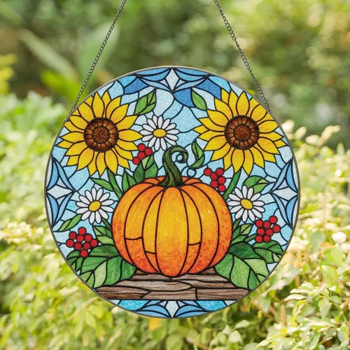 Plump Orange Pumpkin Sunflowers Daisies Red Berries Lush Green Leaves - Farmhouse Decor Gift Stained Glass Suncatcher