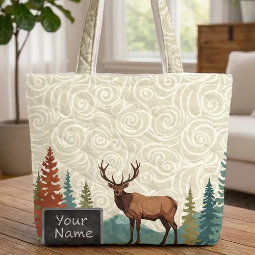 Majestic Elk Mountain Pine Trees Chalkboard Panel - Everyday Carry Wildlife Lover Gift Quilted Tote Bag