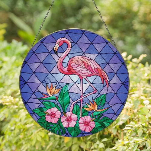 Pink Flamingo Tropical Flowers Green Leaves - Wildlife Lover Home Decor Gift Stained Glass Suncatcher