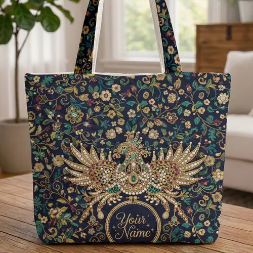 Jewel-Encrusted Phoenix Bird Gilded Plumes Ornate Vines Name Frame - Everyday Carry Gift Quilted Tote Bag
