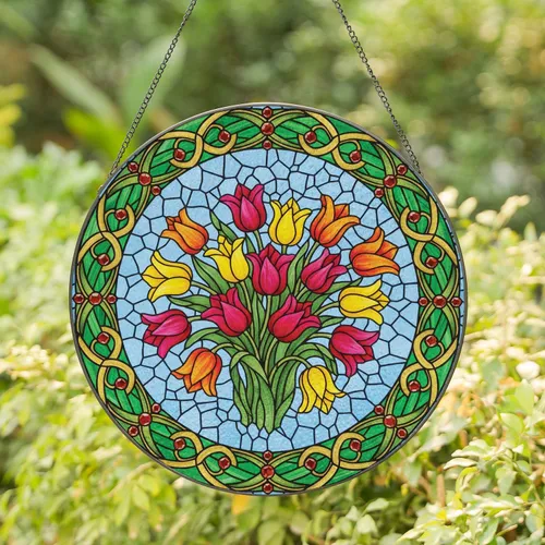 Vibrant Tiffany Style Tulips Stained Glass Green Gold Scrollwork Mosaic - Home Decor Gift Stained Glass Suncatcher