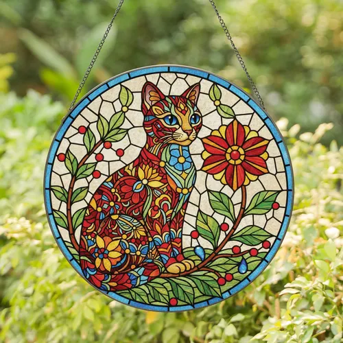 Stained Glass Cat Floral Botanical Mosaic - Home Decor Gift for Cat Lover Stained Glass Suncatcher