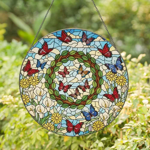 Intertwining Branches Leaf Wreath Butterfly Blossom Sunlight - Home Decor Gift Stained Glass Suncatcher
