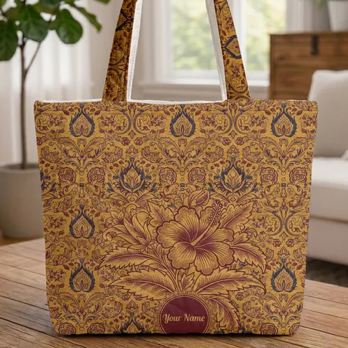 Kalamkari Hibiscus Floral Paisley Medallion - Everyday Carry Gift Quilted Tote Bag
