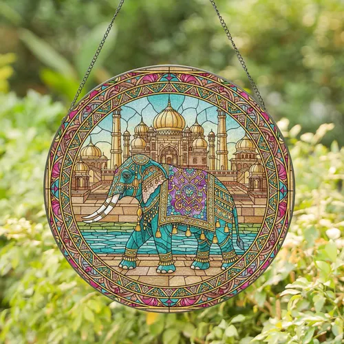 Majestic Elephant Moghul Palace Floral Border Home Decor Gift for Elephant Lover Stained Glass Suncatcher