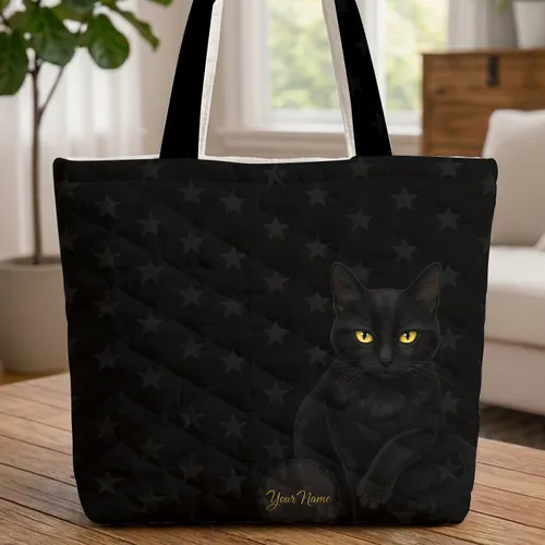 Black Cat Yellow Eyes Scattered Stars Circular Medallion Everyday Carry Gift Cat Lover Quilted Tote Bag