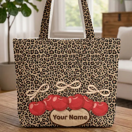 Leopard Spots Cherries Personalized Name Heart - Everyday Carry Gift for Women Quilted Tote Bag