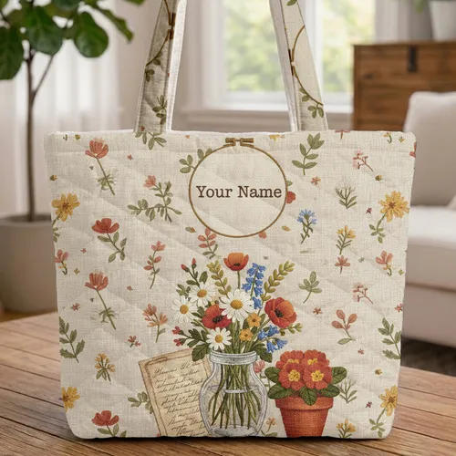 Wildflower Bouquet Potted Flower Recipe Card Hoop Frame Everyday Carry Gift for Home Cook Quilted Tote Bag