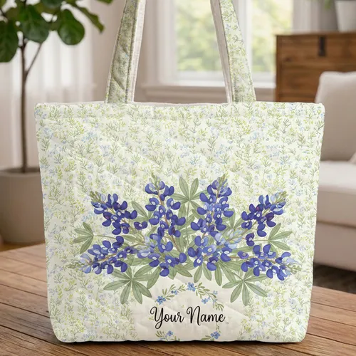 Lush Bluebonnet Bouquet Name in Floral Wreath Wildflowers - Everyday Carry Gift Quilted Tote Bag