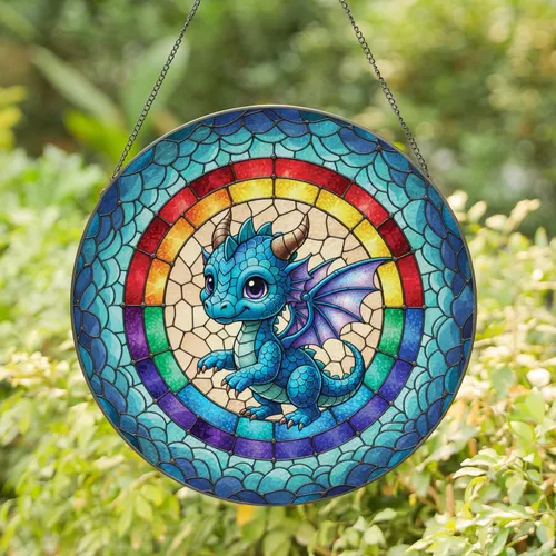 Baby Dragon Rainbow Border Stained Glass - Home Decor Gift for Dragon Lover Stained Glass Suncatcher