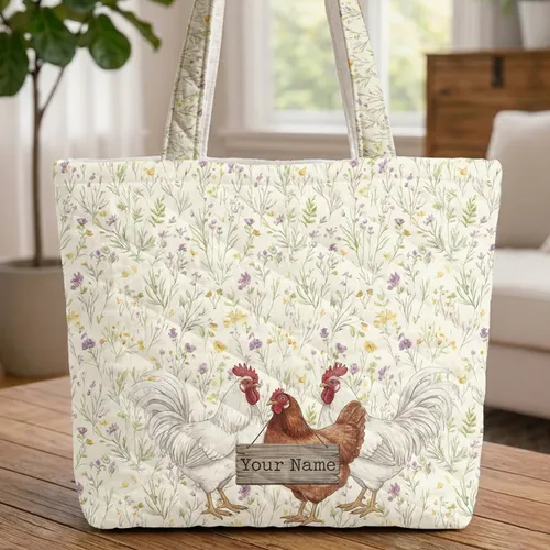 Farmhouse Chickens Wildflower Your Name Sign - Everyday Carry Gift Quilted Tote Bag