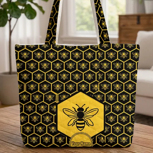 Personalized Stylized Bee Honeycomb - Everyday Carry Gift for Bee Lover Quilted Tote Bag