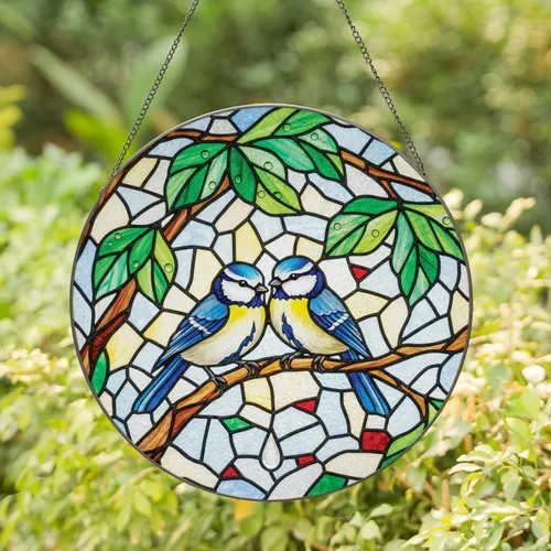 Blue Tits Branch Leaves Mosaic - Wildlife Lover Home Decor Gift Stained Glass Suncatcher