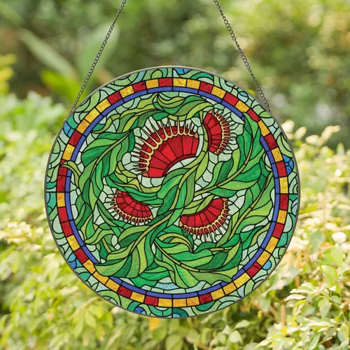 Venus Flytrap Red Trap Circular Mosaic Jewel Tone - Home Decor Gift for Plant Lover Stained Glass Suncatcher