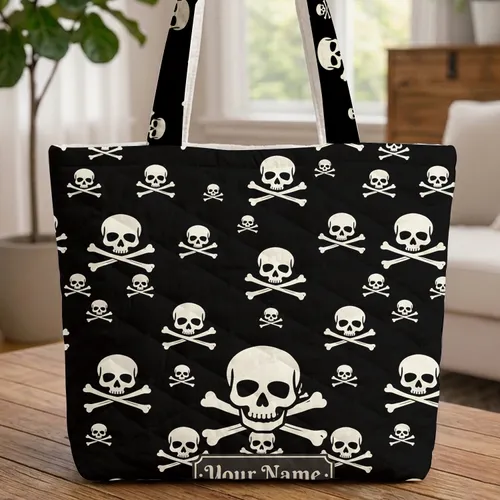 Personalized Ornate Skull Crossbones Emblem - Everyday Carry Gift Quilted Tote Bag