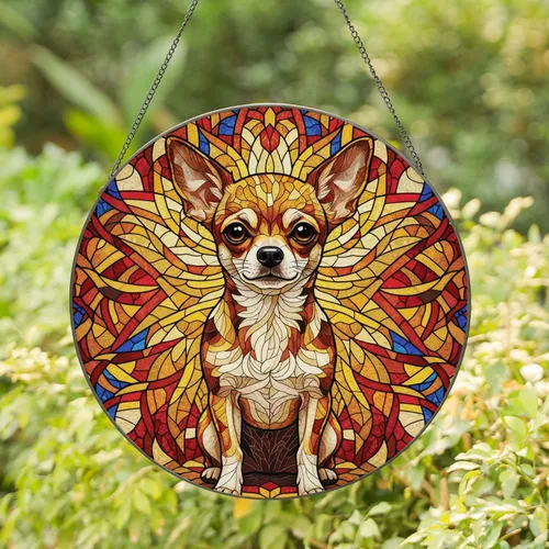 Stained Glass Chihuahua Dog Expressive Eyes Mosaic Sun Rays - Home Decor Gift for Dog Lovers Stained Glass Suncatcher