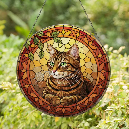 Stained Glass Tabby Cat Circular Border with Green Leaves - Home Decor Cat Lover Gift Stained Glass Suncatcher