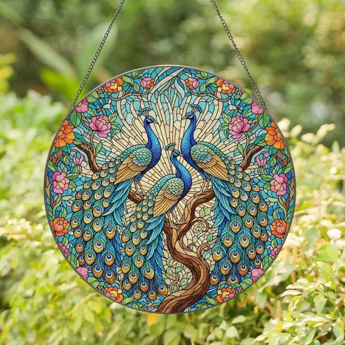Regal Peacocks Fanned Tail Floral Tree Branch Tiffany Glass Mosaic - Home Decor Gift Stained Glass Suncatcher