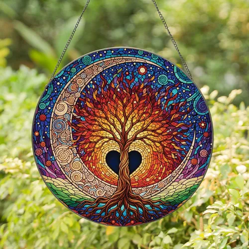 Stained Glass Tree of Life Crescent Moon Heart - Nature Lover Home Decor Gift Stained Glass Suncatcher