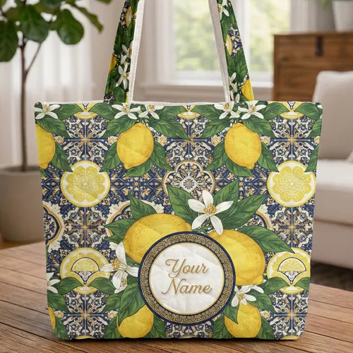 Bright Yellow Lemon Blossom Mediterranean Tile Floral - Market Day Gift Quilted Tote Bag