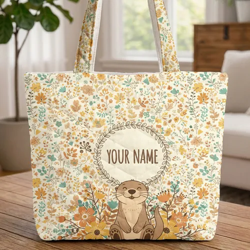 Otter Wildflower Garden Personalized Name Everyday Carry Gift Quilted Tote Bag