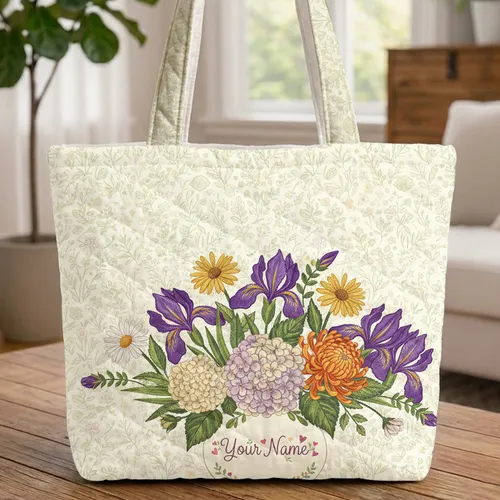 Ornate Botanical Bouquet Irises Daisies Hydrangeas Personalized Everyday Carry Gift Quilted Tote Bag