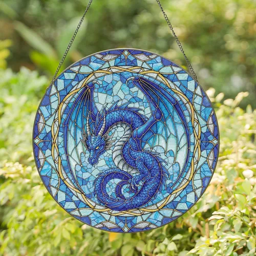 Glowing Jewel Tone Blue Dragon Stained Glass Mosaic - Home Decor Gift for Dragon Lovers Stained Glass Suncatcher