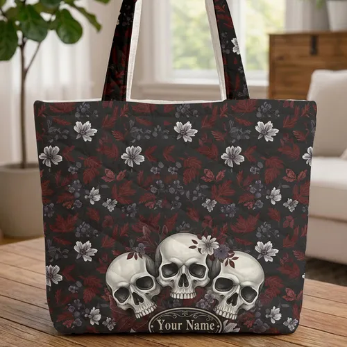 Ornate Gothic Skulls Personalized Name - Everyday Carry Gift for Gothic Fan Quilted Tote Bag