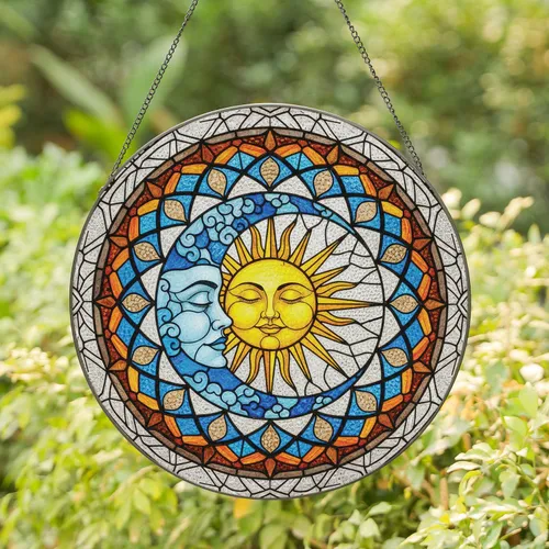 Intertwined Sun Moon Celestial Elaborate Circular Border Mosaic - Home Decor Gift Stained Glass Suncatcher