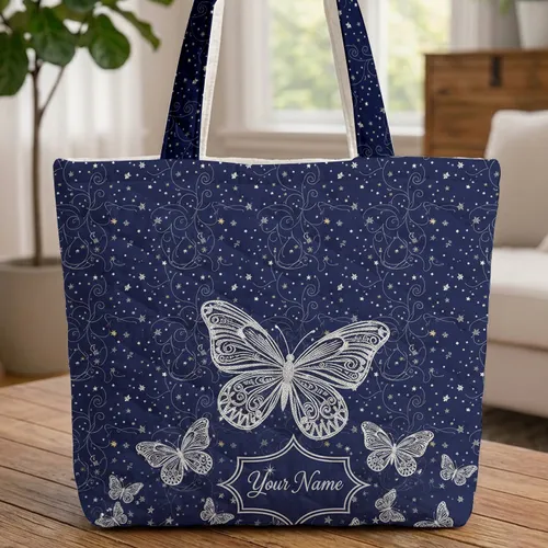 Ornate Butterflies Star Name Cartouche Everyday Carry Gift Quilted Tote Bag