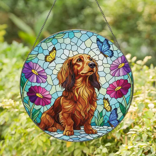 Long-Haired Dachshund Dog Butterflies Flowers Mosaic - Home Decor Gift for Dog Lover Stained Glass Suncatcher