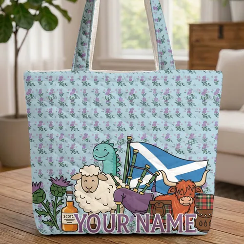Whimsical Scottish Bagpipe Loch Ness Monster Highland Cow Thistle - Everyday Carry Gift for Scotland Lover Quilted Tote Bag