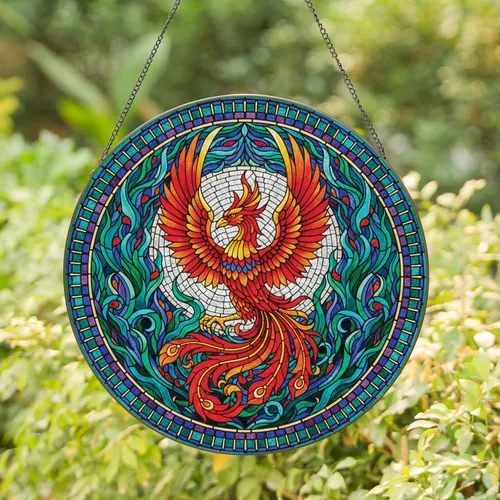 Phoenix Tiffany Stained Glass Swirling Flame Mosaic Home Decor - Wildlife Lover Gift Stained Glass Suncatcher