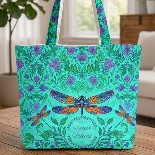 Ornate Dragonflies Floral Wreath Personalized Name Everyday Carry Gift Quilted Tote Bag