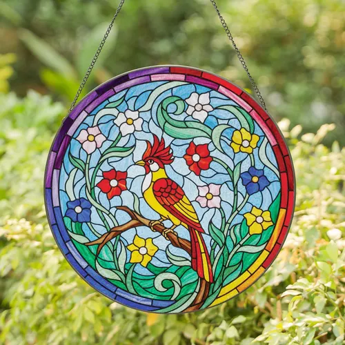 Vibrant Crested Bird Floral Mosaic Home Decor Gift for Bird Lovers Stained Glass Suncatcher