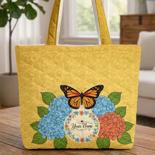 Monarch Butterfly Hydrangea Personalized Name Botanical - Everyday Carry Gift Quilted Tote Bag