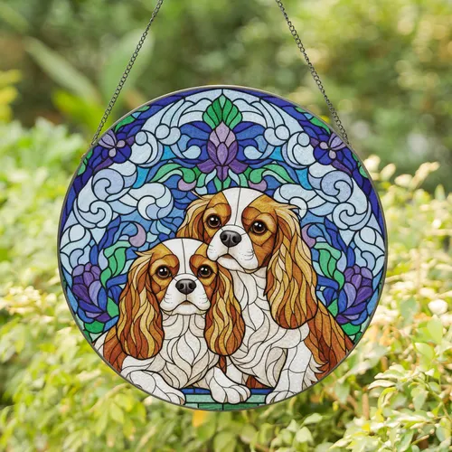 Cavalier King Charles Spaniel Dogs Floppy Ears Snuggling - Home Decor Gift for Cavalier Lovers Stained Glass Suncatcher