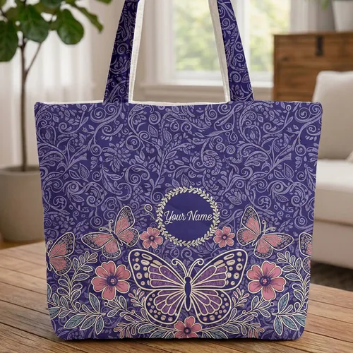 Five Butterfly Botanical Swirling Line Flower Wreath Name Everyday Carry Gift Quilted Tote Bag