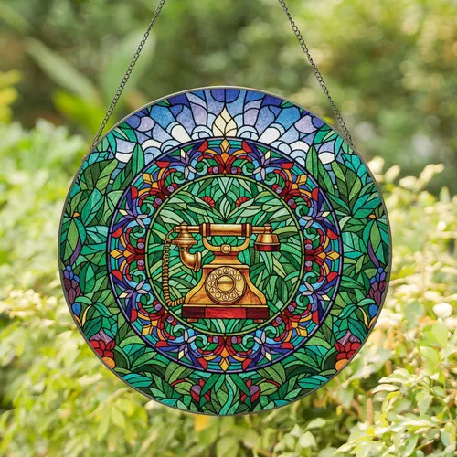 Stained Glass Vintage Rotary Telephone Floral Leaves Jewel Tone Mosaic Sky - Home Decor Gift Stained Glass Suncatcher
