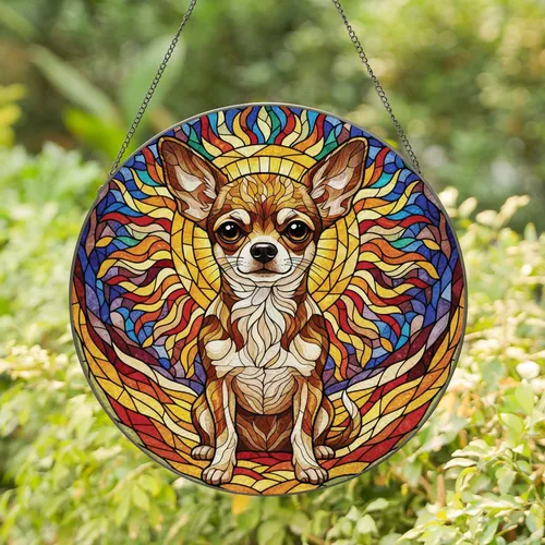 Tiffany Chihuahua Dog High Contrast Jewel Tones Light Rays Home Decor Gift for Dog Lovers Stained Glass Suncatcher