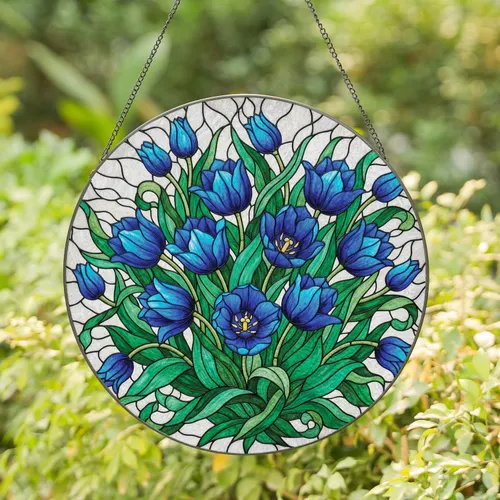 Deep Blue Tulips Emerald Green Leaves Mosaic Floral Arrangement Home Decor Gift Stained Glass Suncatcher