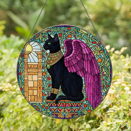 Black Cat Feathered Wings Egyptian Gold Geometric Mosaic - Home Decor Gift for Cat Lover Stained Glass Suncatcher